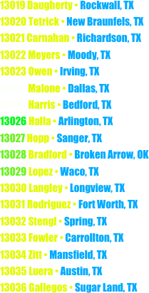 13019 Daugherty • Rockwall, TX
13020 Tetrick • New Braunfels, TX
13021 Carnahan • Richardson, TX
13022 Meyers • Moody, TX
13023 Owen • Irving, TX
13024 Malone • Dallas, TX
13025 Harris • Bedford, TX
13026 Halla • Arlington, TX
13027 Hopp • Sanger, TX
13028 Bradford • Broken Arrow, OK
13029 Lopez • Waco, TX
13030 Langley • Longview, TX
13031 Rodriguez • Fort Worth, TX
13032 Stengl • Spring, TX
13033 Fowler • Carrollton, TX
13034 Zitt • Mansfield, TX
13035 Luera • Austin, TX
13036 Gallegos • Sugar Land, TX
